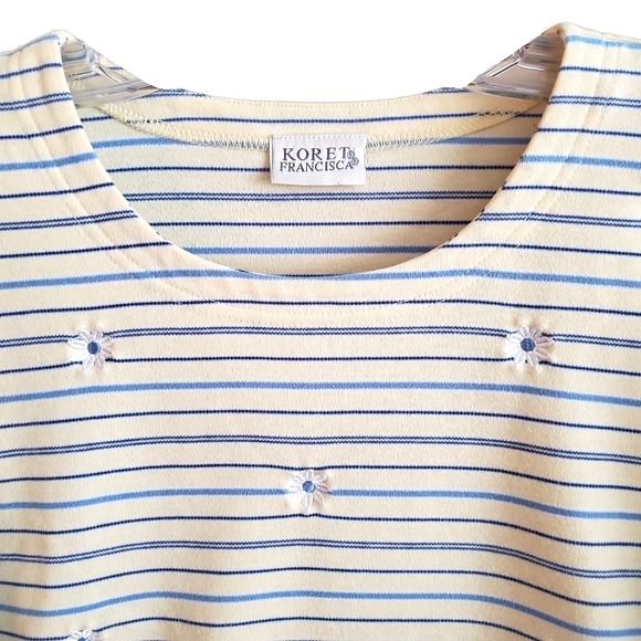 90s Y2K tee shirt floral striped scoop neck 3/4 sleeve casual yellow blue wm XL - Picture 5 of 10